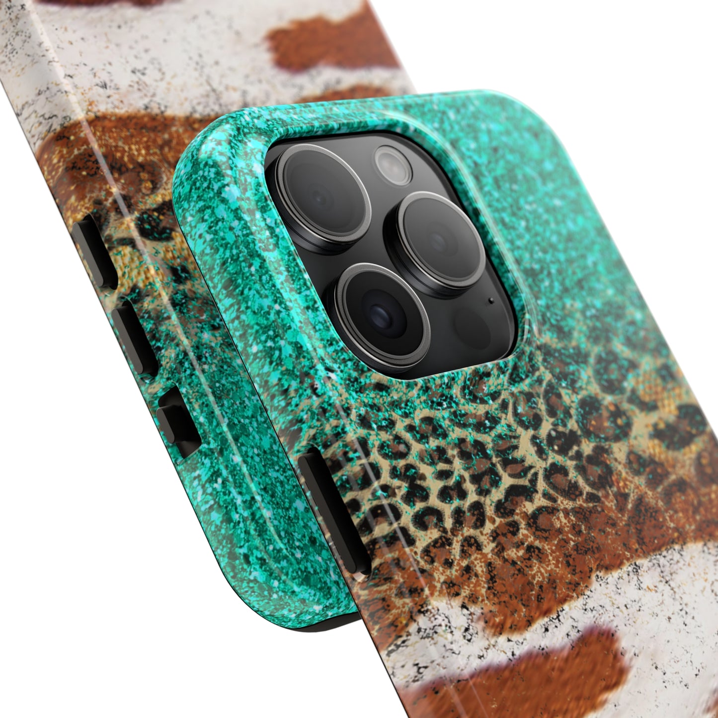 Western Cow Print, Teal, and Leopard print Design Phone Case- Lightweight, Impact Resistant Cover for iPhone 6, 6s, 12, 13, 14, 15