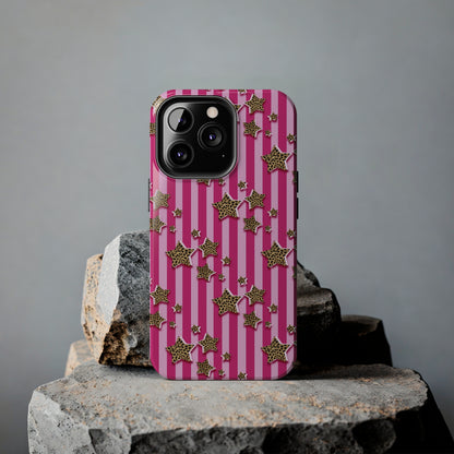 Girly Cheetah Stars and Pink Stripes Design Phone Case- Lightweight, Impact Resistant Cover for iPhone 6, 6s, 12, 13, 14, 15