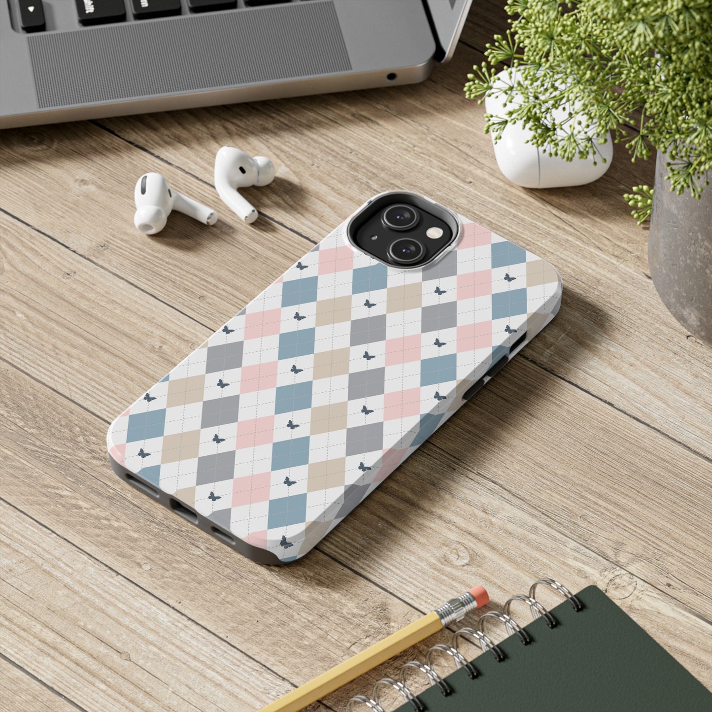 Argyle Pastel Plaid and Butterflies print design Tough Phone Case compatible with a large variety of iphone models