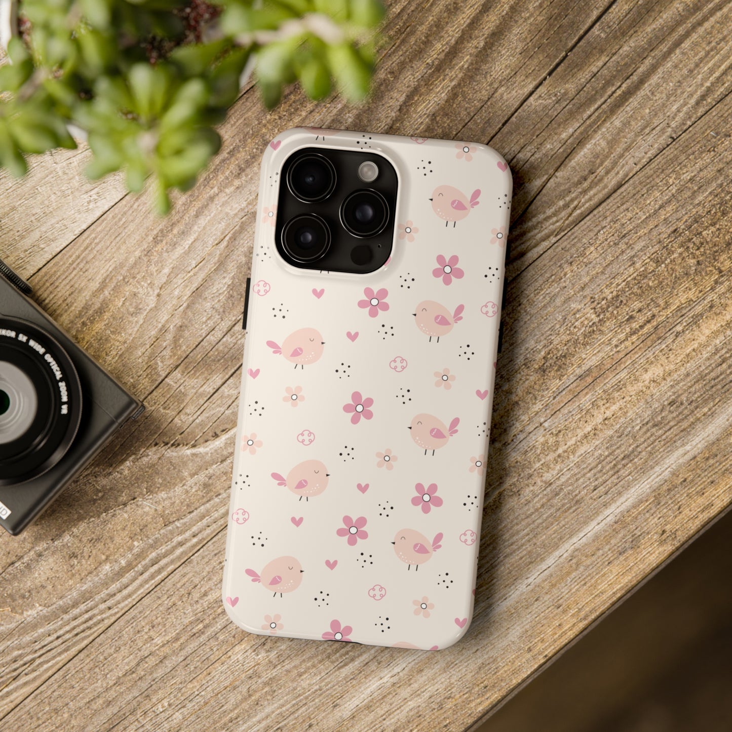 Cute Pink Birds and Flowers print design Tough Phone Case compatible with a large variety of iphone models