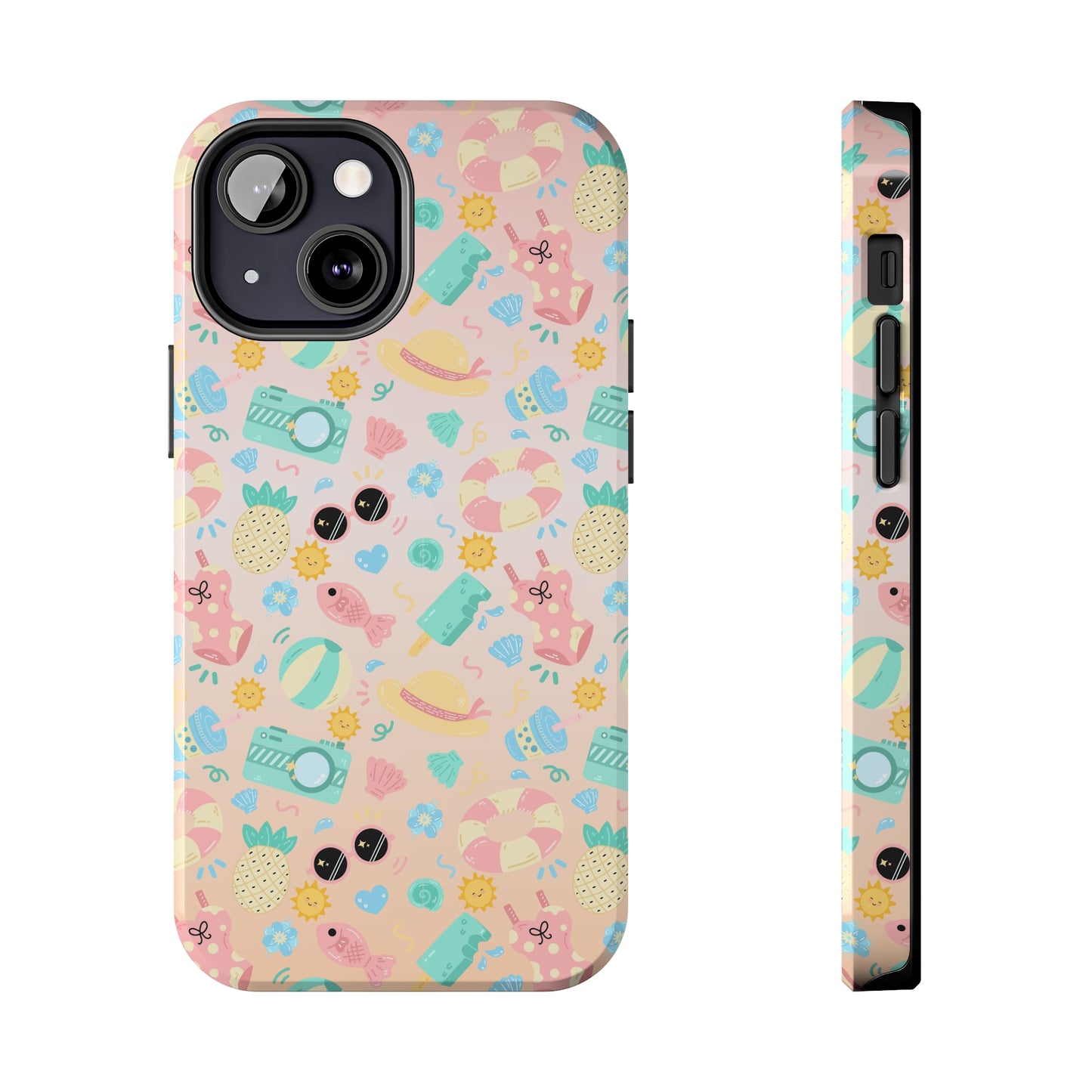 Cute Summer Vibes iPhone Case, Tropical Beach Icons Phone Cover, Pastel Colored Accessory Design, Protective Case for iPhone Models, Tough Phone Case