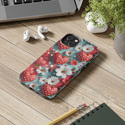 White Flowers Red Polka Dot Hearts Digital print Design Tough Phone Case compatible with a large variety of iPhone models, Gift, Phone Case