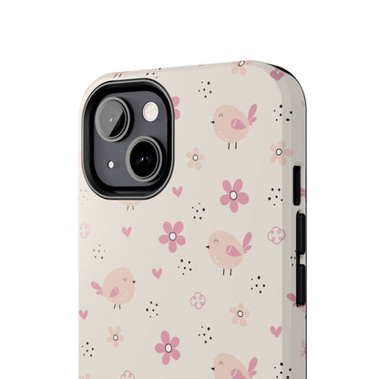 Cute Pink Birds and Flowers print design Tough Phone Case compatible with a large variety of iphone models