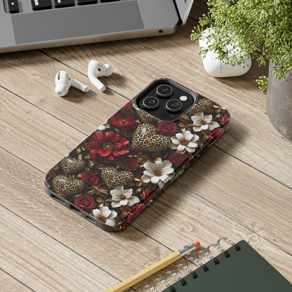 Red Gold Flowers Leopard Hearts Digital print Design Tough Phone Case compatible with a large variety of iPhone models, Gift, Phone Case