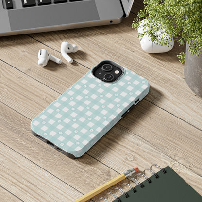 Cute Blue and White Gingham with Daisies Digital print Design Tough Phone Case compatible with a large variety of iPhone models, Gift, Phone Case