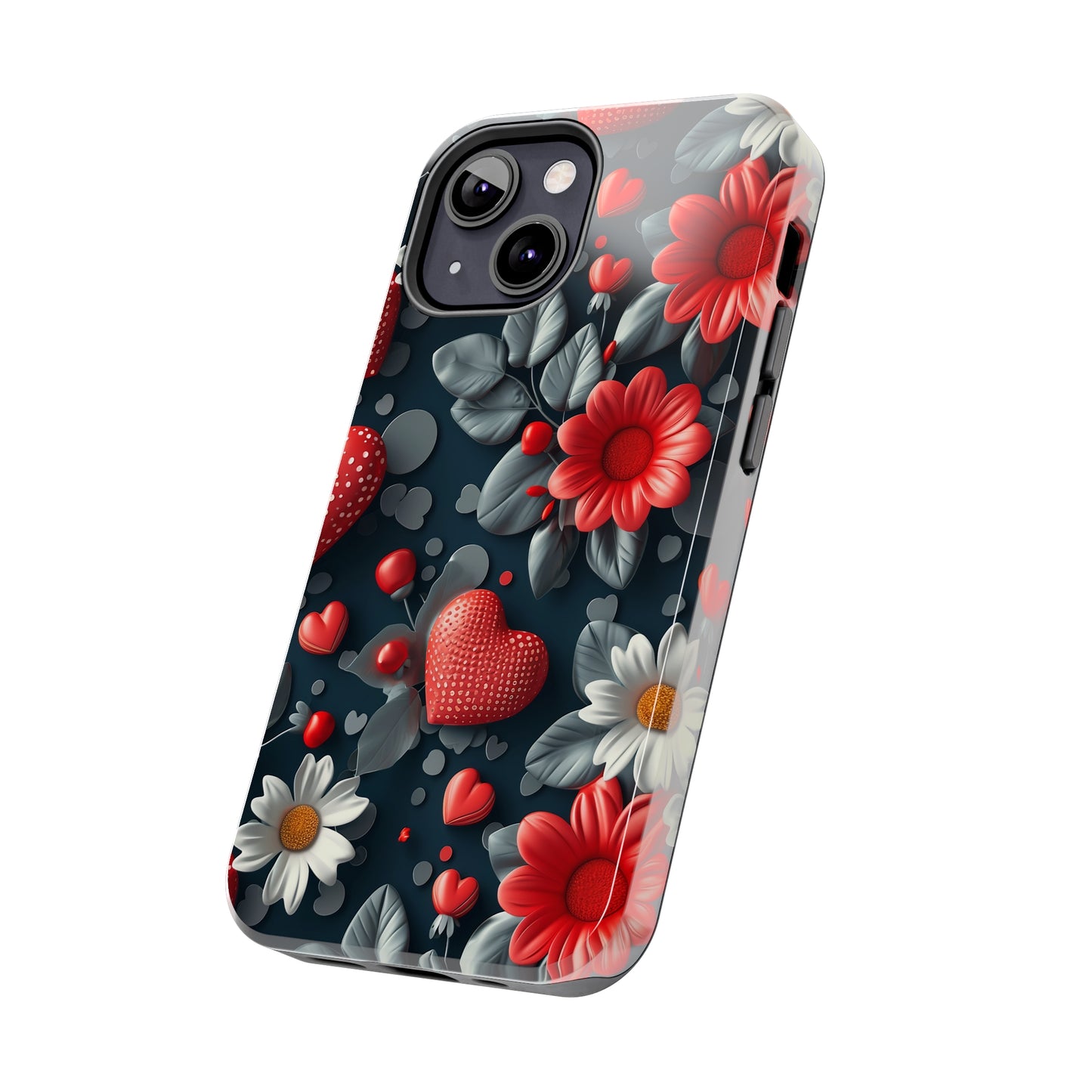 3D Flowers and Red Hearts Digital print Design Tough Phone Case compatible with a large variety of iPhone models, Gift, Phone Case