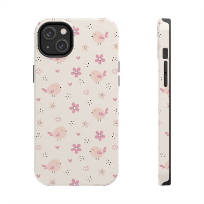 Cute Pink Birds and Flowers print design Tough Phone Case compatible with a large variety of iphone models