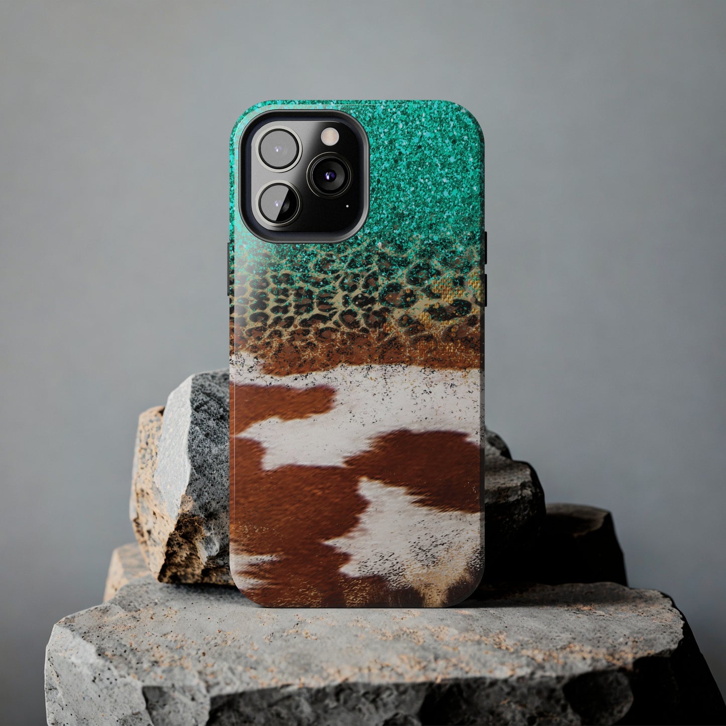 Western Cow Print, Teal, and Leopard print Design Phone Case- Lightweight, Impact Resistant Cover for iPhone 6, 6s, 12, 13, 14, 15