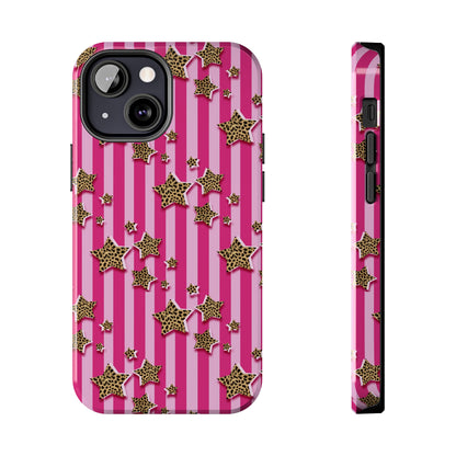 Girly Cheetah Stars and Pink Stripes Design Phone Case- Lightweight, Impact Resistant Cover for iPhone 6, 6s, 12, 13, 14, 15