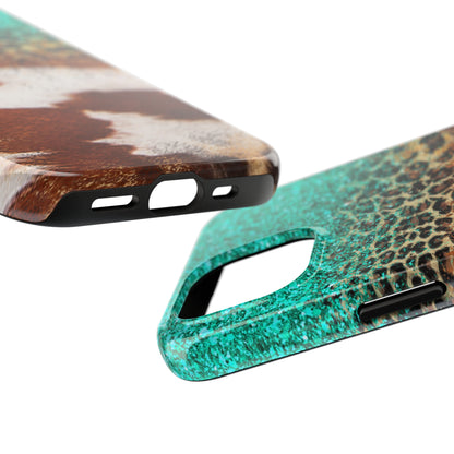 Western Cow Print, Teal, and Leopard print Design Phone Case- Lightweight, Impact Resistant Cover for iPhone 6, 6s, 12, 13, 14, 15