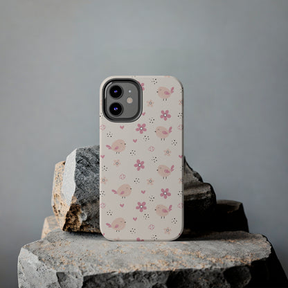 Cute Pink Birds and Flowers print design Tough Phone Case compatible with a large variety of iphone models