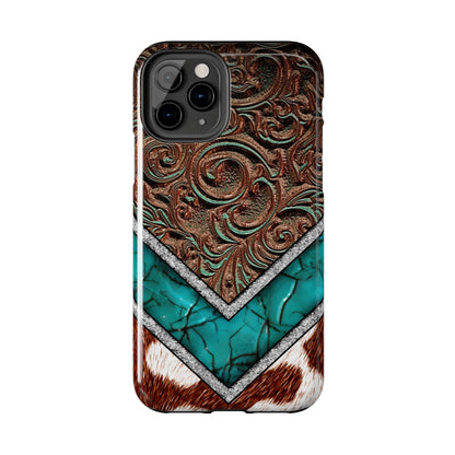 Western Cow Print, Faux Turquoise and Leather Digital print design Phone Case- Lightweight, Impact Resistant Cover for iPhone 6, 6s, 12, 13, 14, 15