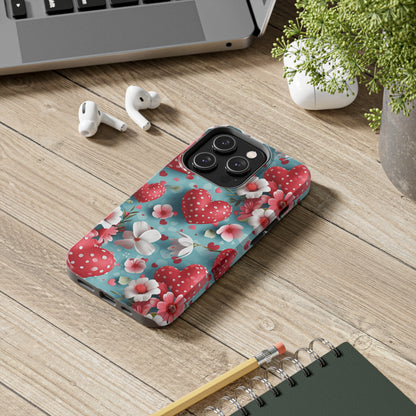 Pink White Flowers Red Hearts Digital print Design Tough Phone Case compatible with a large variety of iPhone models, Gift, Phone Case