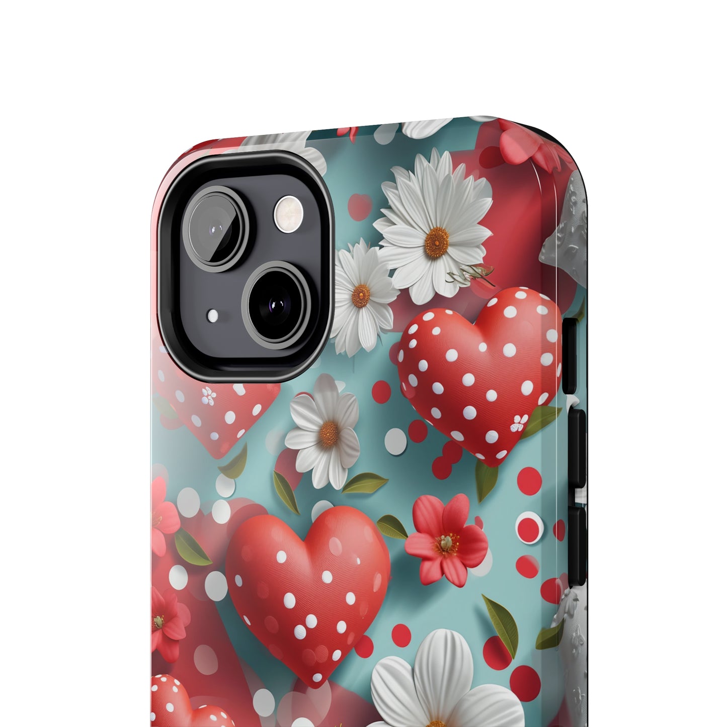 White Flowers Red Polka Dot Hearts Digital print Design Tough Phone Case compatible with a large variety of iPhone models, Gift, Phone Case