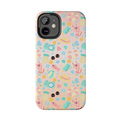 Cute Summer Vibes iPhone Case, Tropical Beach Icons Phone Cover, Pastel Colored Accessory Design, Protective Case for iPhone Models, Tough Phone Case