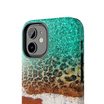 Western Cow Print, Teal, and Leopard print Design Phone Case- Lightweight, Impact Resistant Cover for iPhone 6, 6s, 12, 13, 14, 15