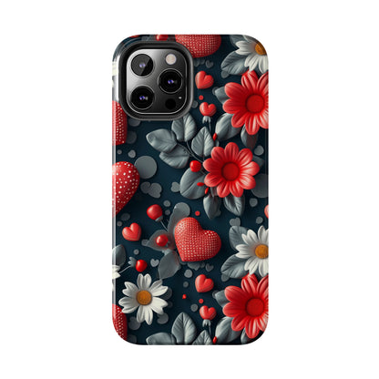 3D Flowers and Red Hearts Digital print Design Tough Phone Case compatible with a large variety of iPhone models, Gift, Phone Case