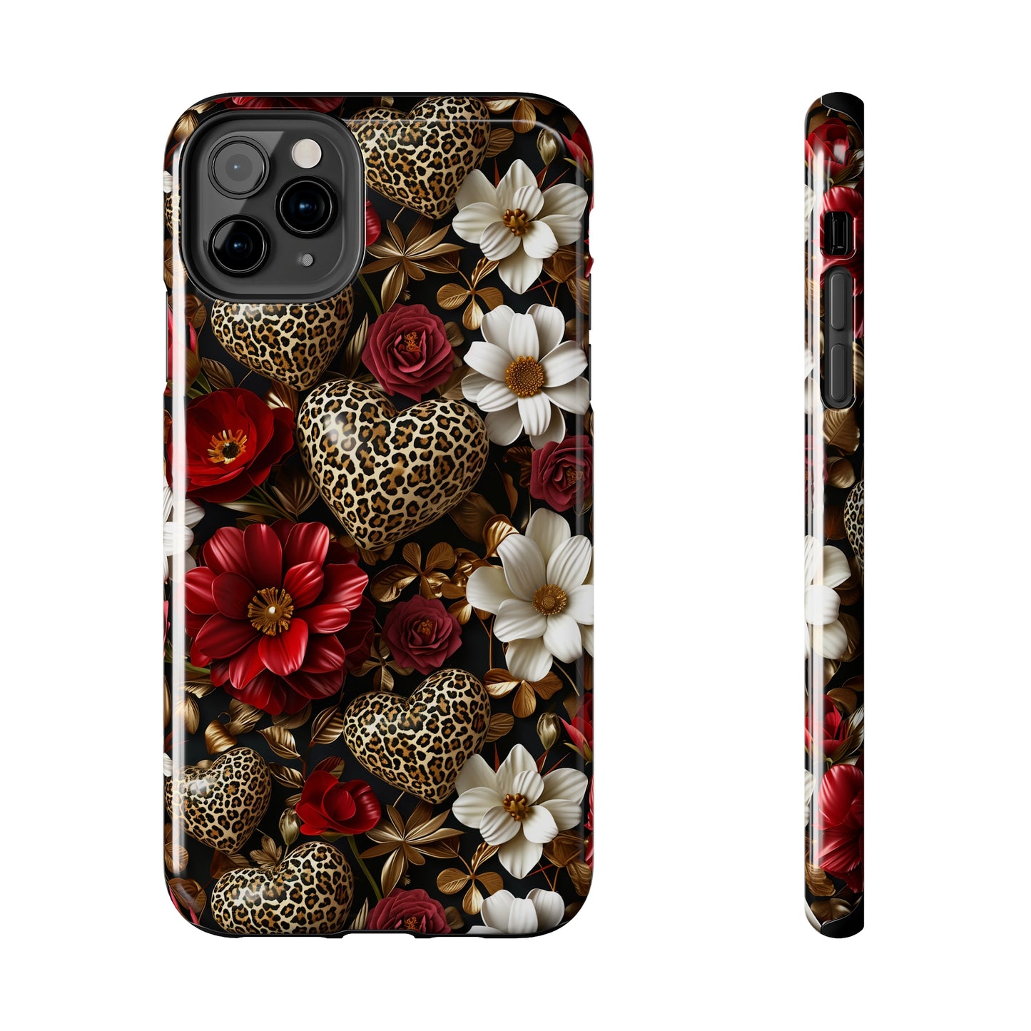 Red Gold Flowers Leopard Hearts Digital print Design Tough Phone Case compatible with a large variety of iPhone models, Gift, Phone Case