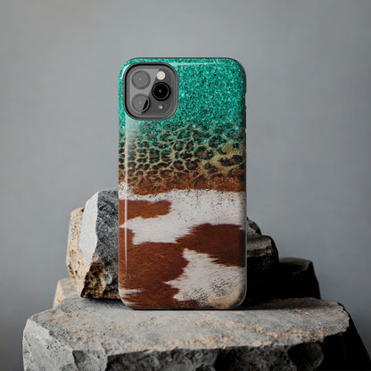 Western Cow Print, Teal, and Leopard print Design Phone Case- Lightweight, Impact Resistant Cover for iPhone 6, 6s, 12, 13, 14, 15