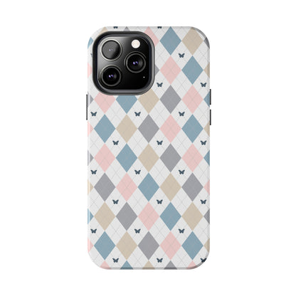 Argyle Pastel Plaid and Butterflies print design Tough Phone Case compatible with a large variety of iphone models