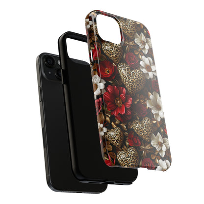 Red Gold Flowers Leopard Hearts Digital print Design Tough Phone Case compatible with a large variety of iPhone models, Gift, Phone Case