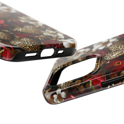 Red Gold Flowers Leopard Hearts Digital print Design Tough Phone Case compatible with a large variety of iPhone models, Gift, Phone Case