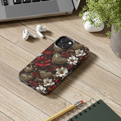 Red Gold Flowers Leopard Hearts Digital print Design Tough Phone Case compatible with a large variety of iPhone models, Gift, Phone Case