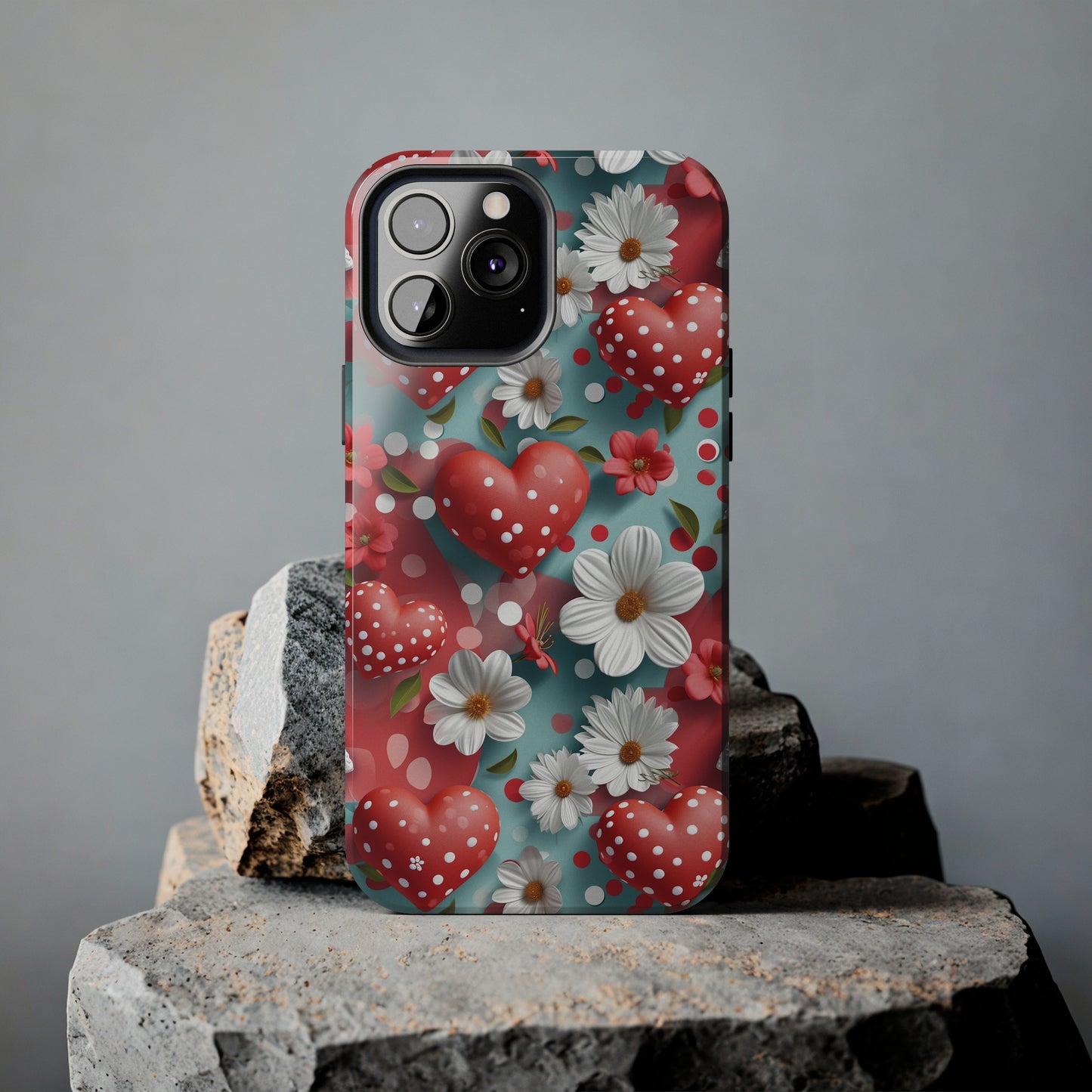 White Flowers Red Polka Dot Hearts Digital print Design Tough Phone Case compatible with a large variety of iPhone models, Gift, Phone Case