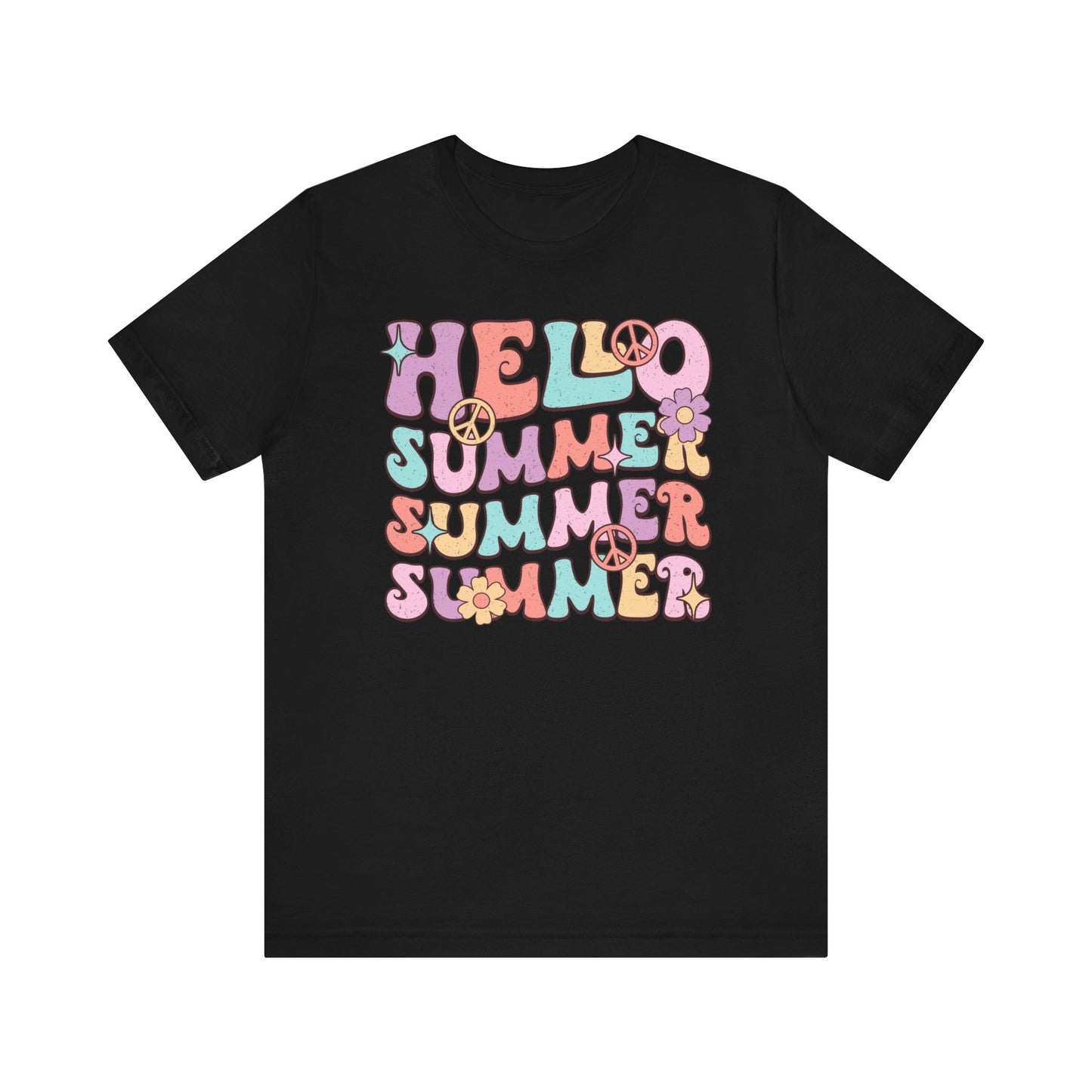 Hello Summer T-Shirt with Retro Hippie Design, Colorful Vintage Style Tee, Unisex Casual Fashion Top