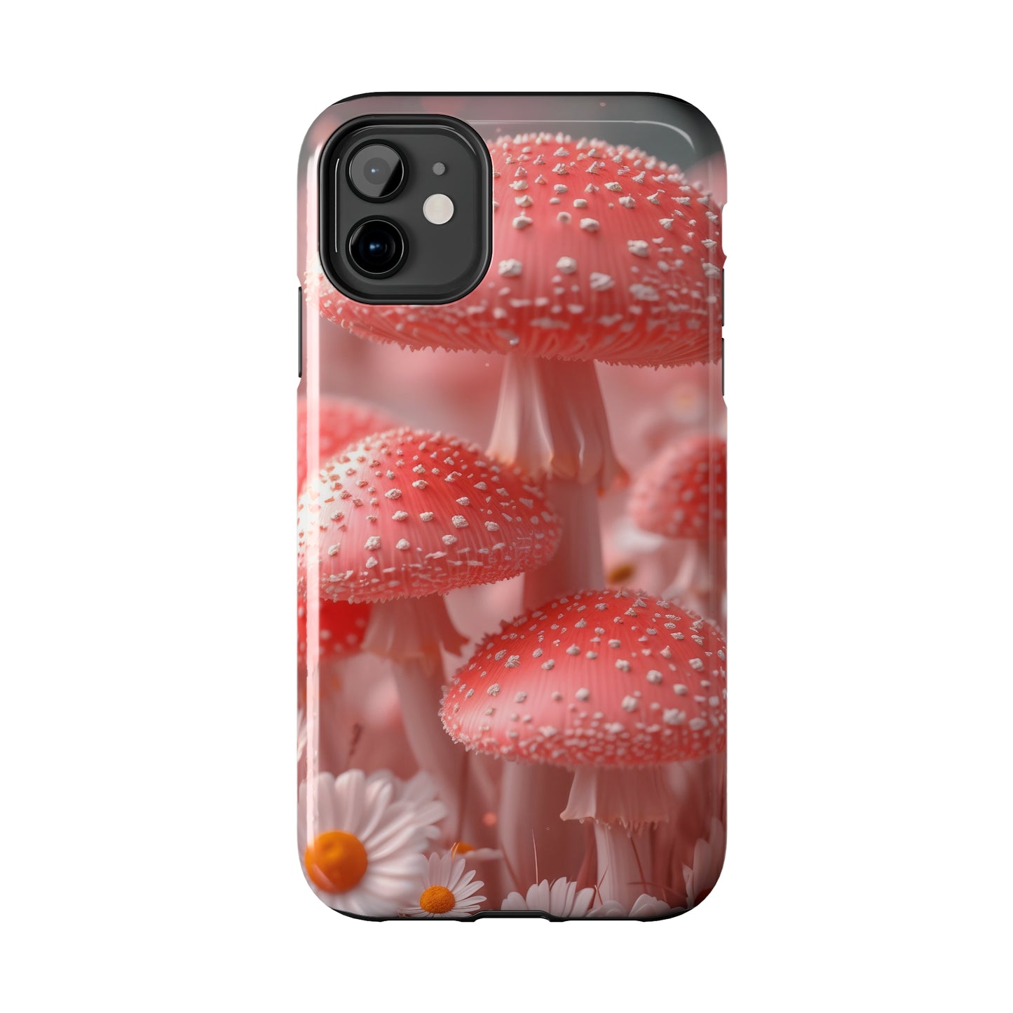 Whimsical Pink Mushrooms and Daisies Design Tough Phone Case compatible with a large variety of iPhone models, Gift, Phone Case