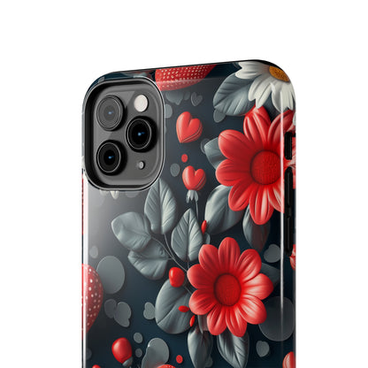 3D Flowers and Red Hearts Digital print Design Tough Phone Case compatible with a large variety of iPhone models, Gift, Phone Case