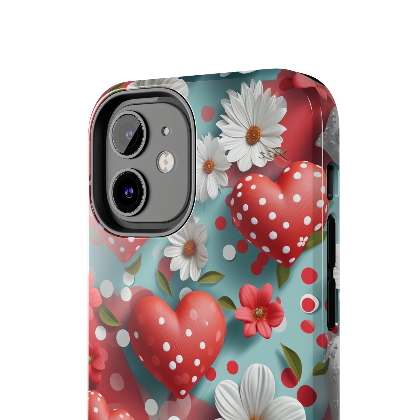 White Flowers Red Polka Dot Hearts Digital print Design Tough Phone Case compatible with a large variety of iPhone models, Gift, Phone Case