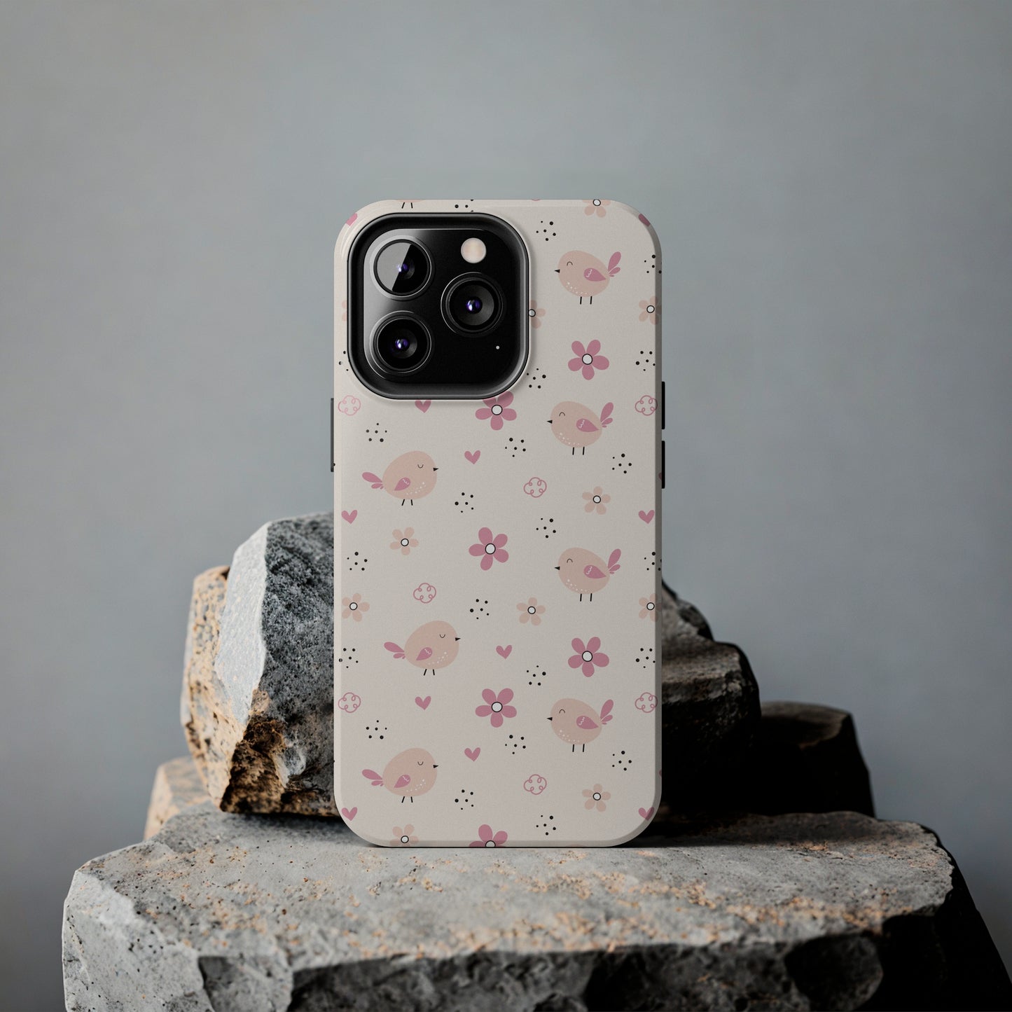 Cute Pink Birds and Flowers print design Tough Phone Case compatible with a large variety of iphone models