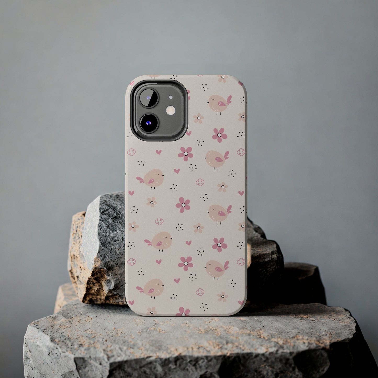 Cute Pink Birds and Flowers print design Tough Phone Case compatible with a large variety of iphone models