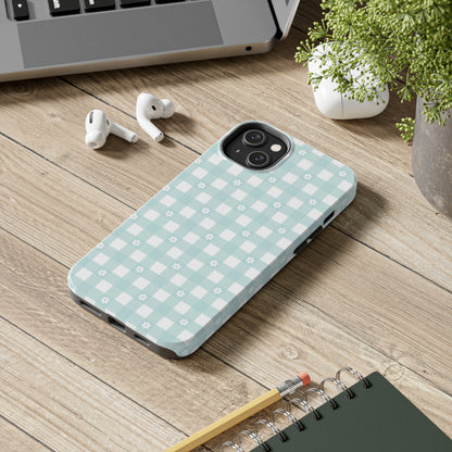 Cute Blue and White Gingham with Daisies Digital print Design Tough Phone Case compatible with a large variety of iPhone models, Gift, Phone Case