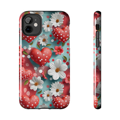 White Flowers Red Polka Dot Hearts Digital print Design Tough Phone Case compatible with a large variety of iPhone models, Gift, Phone Case