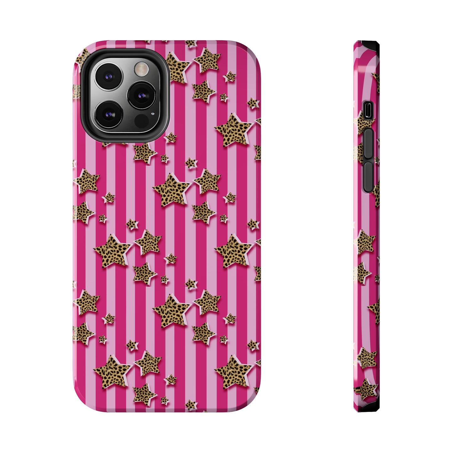 Girly Cheetah Stars and Pink Stripes Design Phone Case- Lightweight, Impact Resistant Cover for iPhone 6, 6s, 12, 13, 14, 15