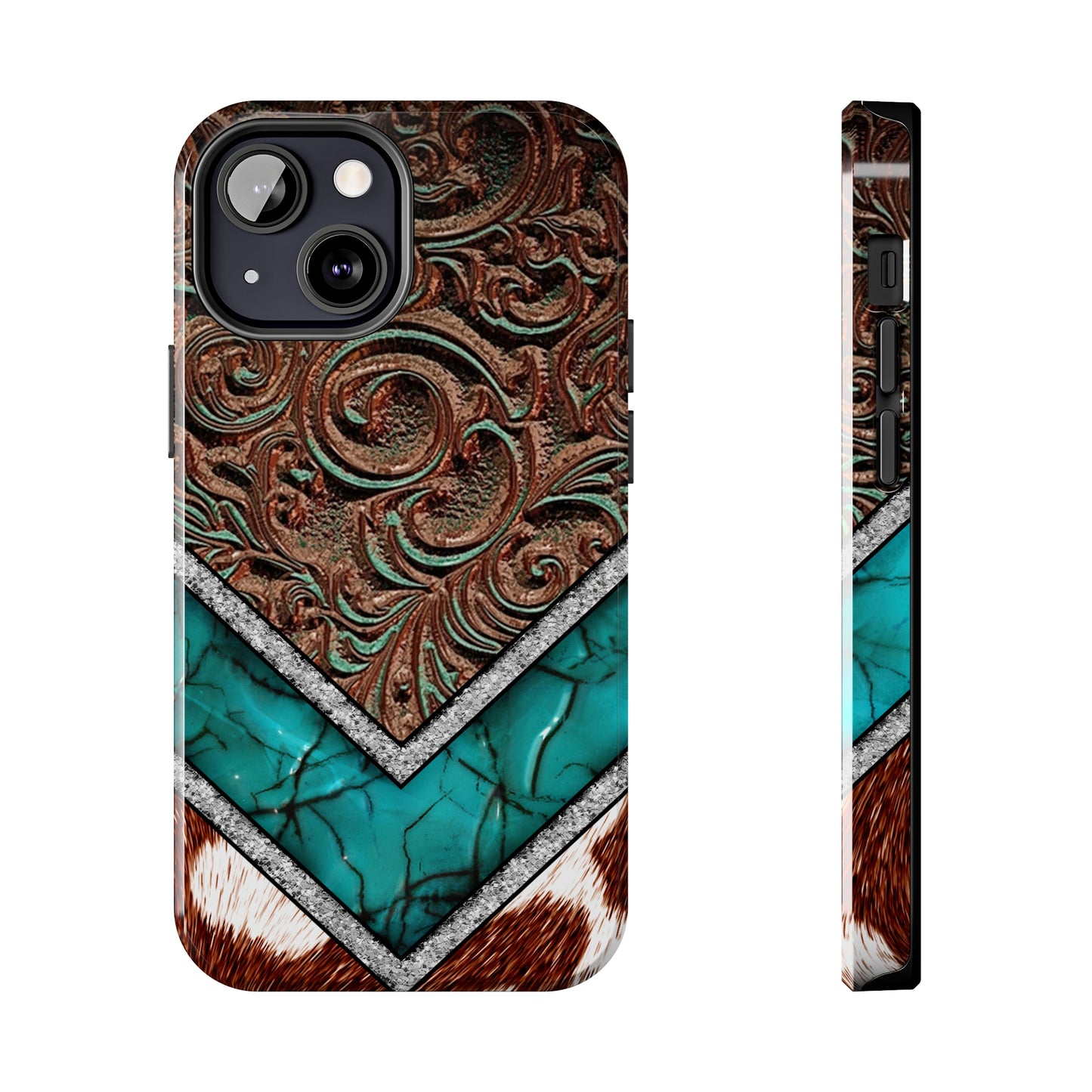 Western Cow Print, Faux Turquoise and Leather Digital print design Phone Case- Lightweight, Impact Resistant Cover for iPhone 6, 6s, 12, 13, 14, 15