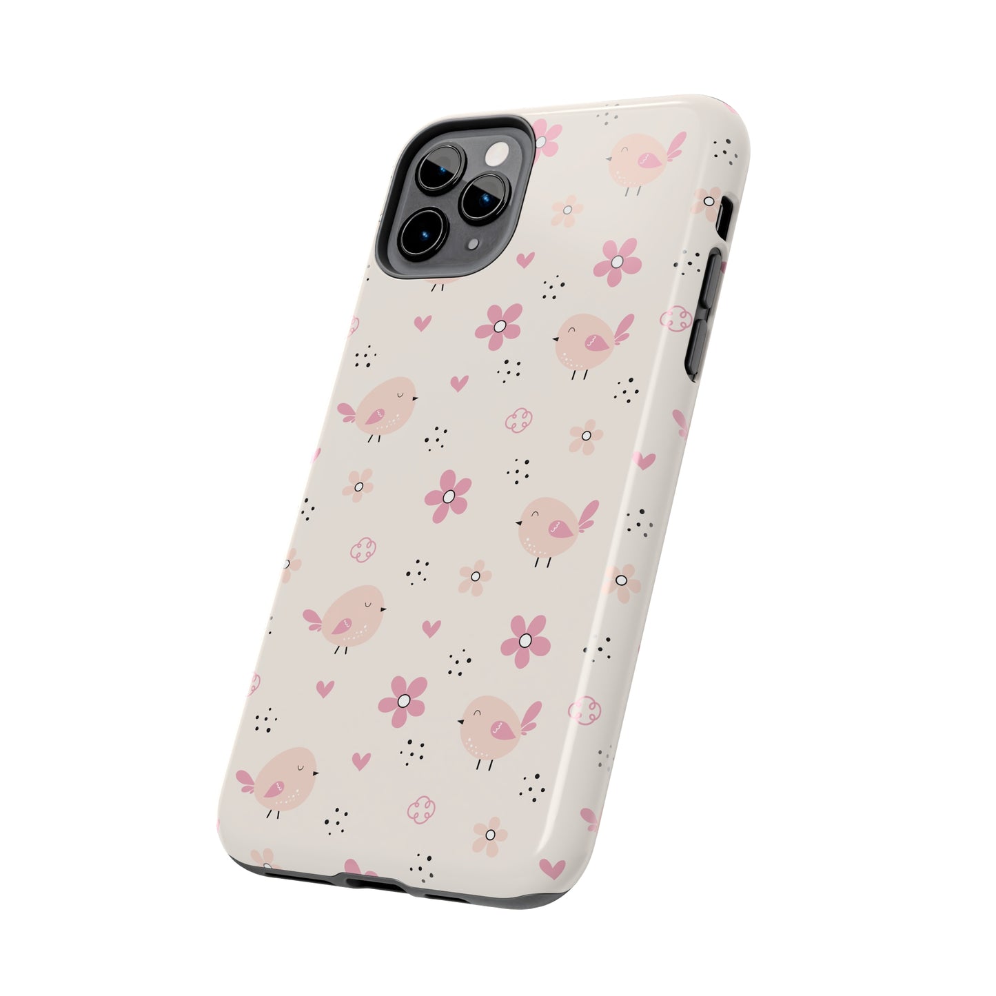 Cute Pink Birds and Flowers print design Tough Phone Case compatible with a large variety of iphone models