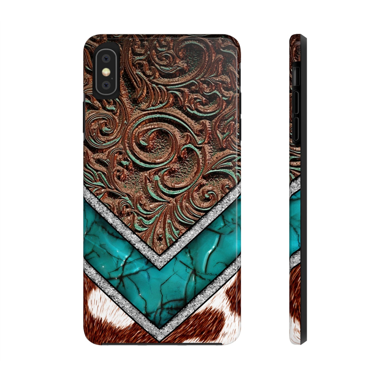 Western Cow Print, Faux Turquoise and Leather Digital print design Phone Case- Lightweight, Impact Resistant Cover for iPhone 6, 6s, 12, 13, 14, 15