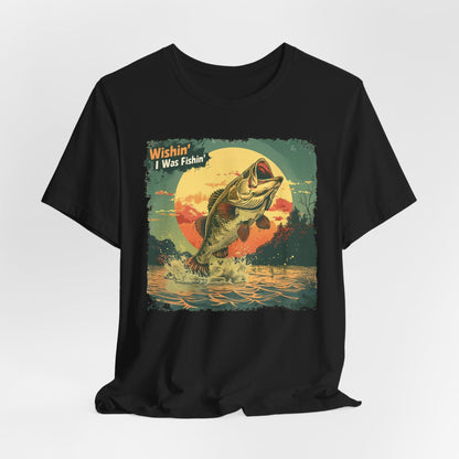 Vintage Fishing T-Shirt, Wishin' I Was Fishin' Graphic Tee, Outdoor Sunset Bass Fish Design