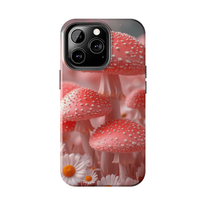 Whimsical Pink Mushrooms and Daisies Design Tough Phone Case compatible with a large variety of iPhone models, Gift, Phone Case