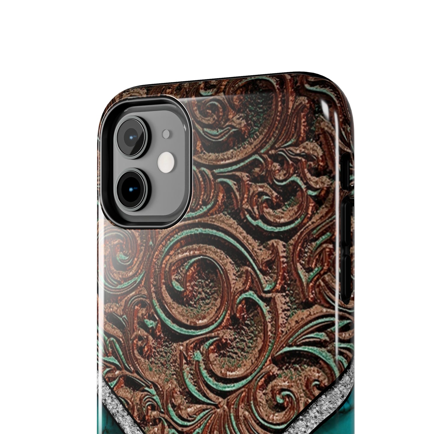 Western Cow Print, Faux Turquoise and Leather Digital print design Phone Case- Lightweight, Impact Resistant Cover for iPhone 6, 6s, 12, 13, 14, 15