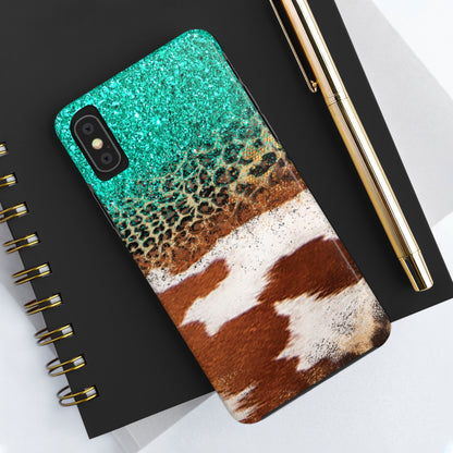 Western Cow Print, Teal, and Leopard print Design Phone Case- Lightweight, Impact Resistant Cover for iPhone 6, 6s, 12, 13, 14, 15