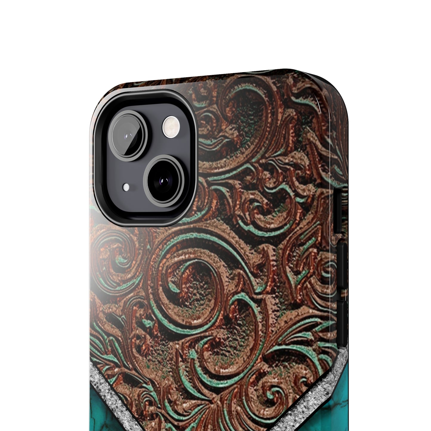 Western Cow Print, Faux Turquoise and Leather Digital print design Phone Case- Lightweight, Impact Resistant Cover for iPhone 6, 6s, 12, 13, 14, 15