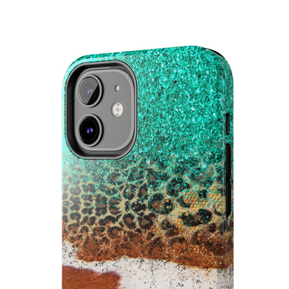 Western Cow Print, Teal, and Leopard print Design Phone Case- Lightweight, Impact Resistant Cover for iPhone 6, 6s, 12, 13, 14, 15