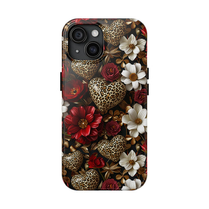 Red Gold Flowers Leopard Hearts Digital print Design Tough Phone Case compatible with a large variety of iPhone models, Gift, Phone Case