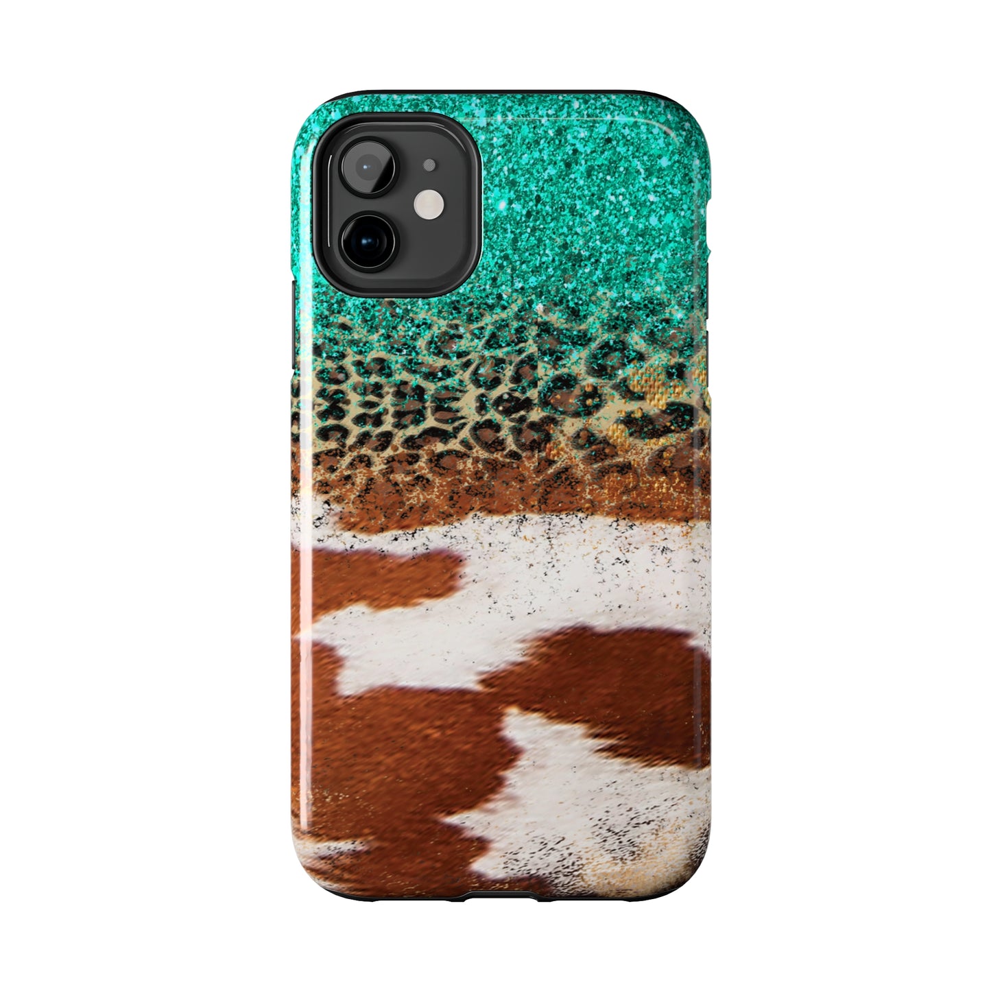 Western Cow Print, Teal, and Leopard print Design Phone Case- Lightweight, Impact Resistant Cover for iPhone 6, 6s, 12, 13, 14, 15