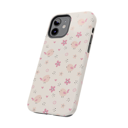 Cute Pink Birds and Flowers print design Tough Phone Case compatible with a large variety of iphone models