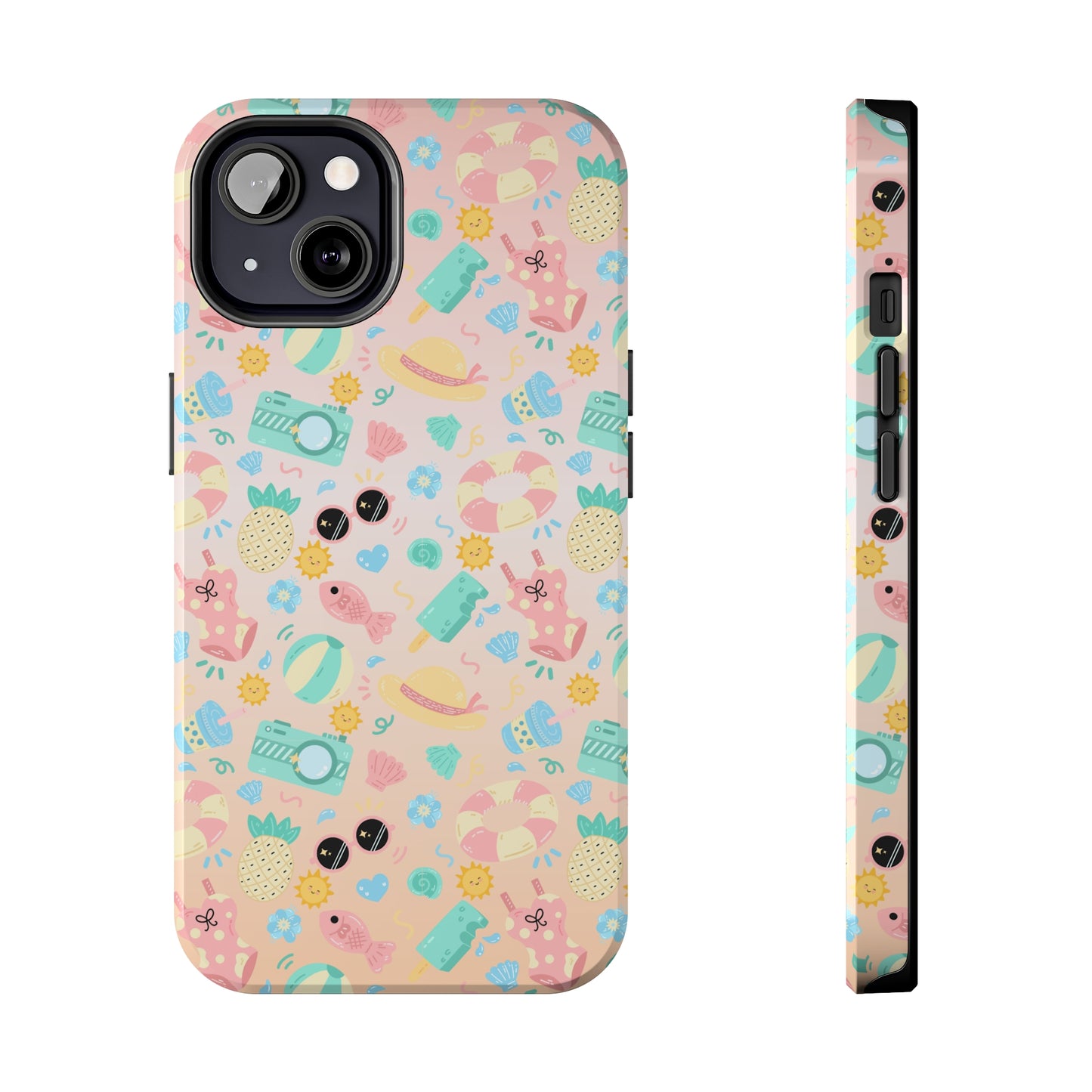 Cute Summer Vibes iPhone Case, Tropical Beach Icons Phone Cover, Pastel Colored Accessory Design, Protective Case for iPhone Models, Tough Phone Case